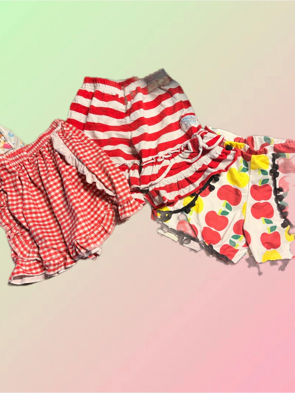 Kids Red Patterned Shorts Bundle - Gingham, Stripes & Apple Print
